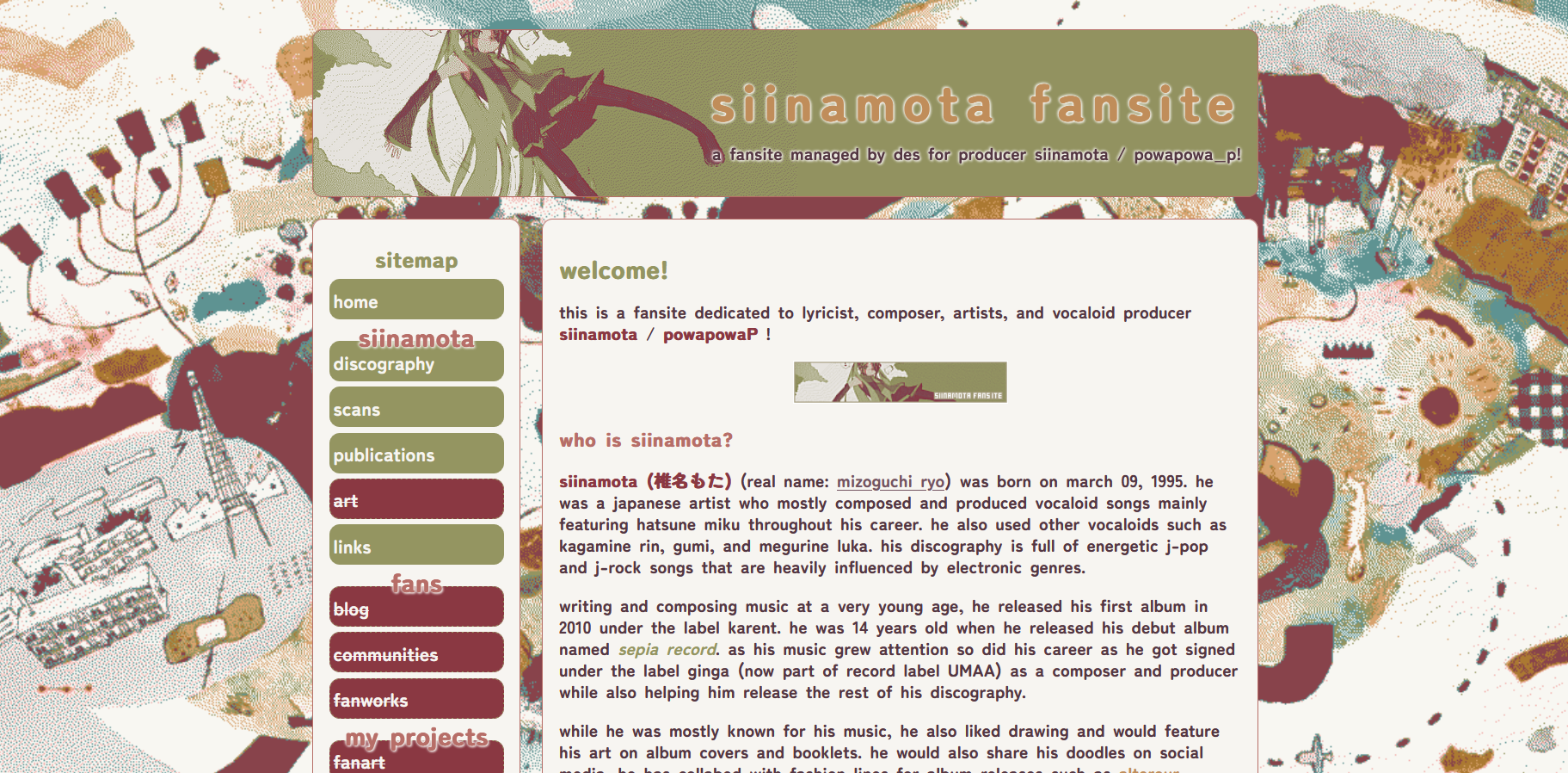 screenshot of my siinamota fansite homepage