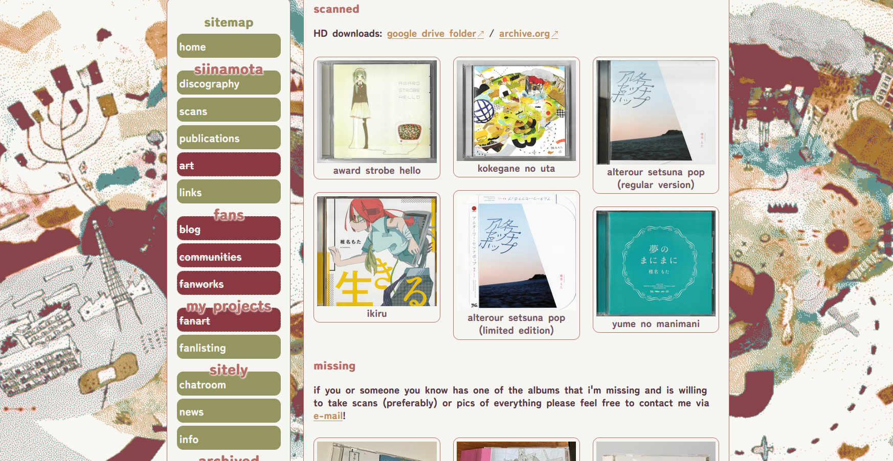 screenshot of my siinamota fansite homepage